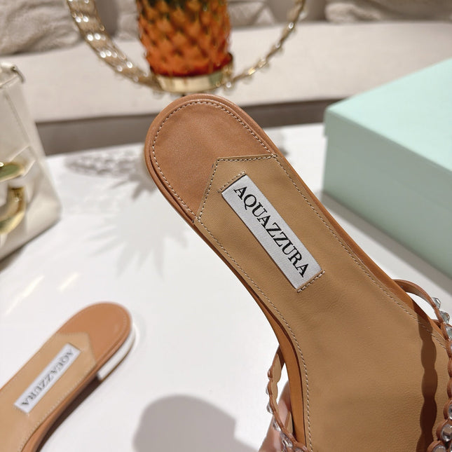 AQUAZZURA 26S SLIDES IN LIGHT BROWN LAMBSKIN CRYSTAL EMBELLISHED