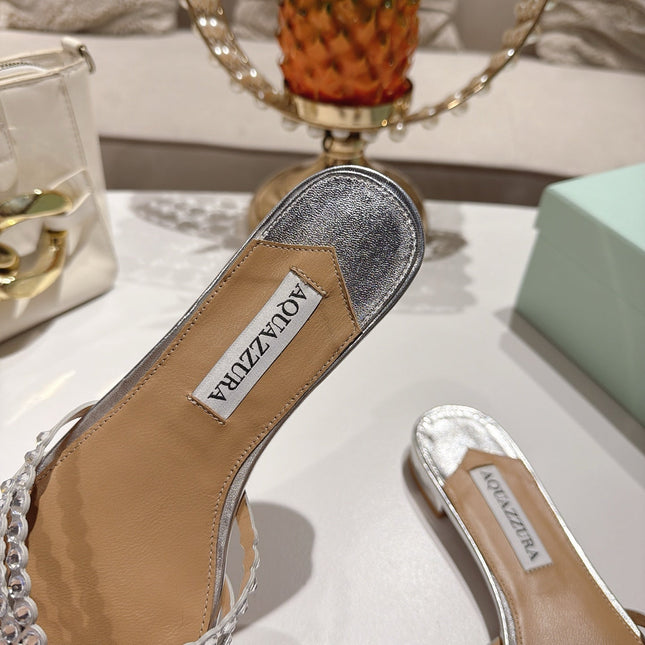 AQUAZZURA 26S SLIDES IN SILVER LAMBSKIN CRYSTAL EMBELLISHED