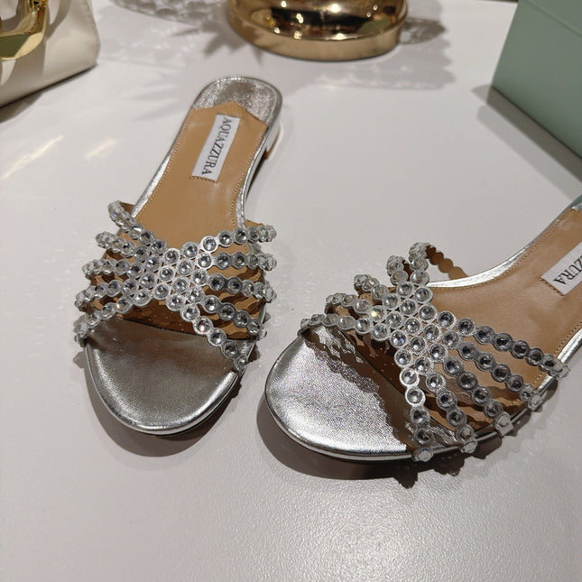 AQUAZZURA 26S SLIDES IN SILVER LAMBSKIN CRYSTAL EMBELLISHED