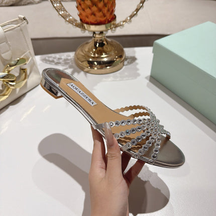 AQUAZZURA 26S SLIDES IN SILVER LAMBSKIN CRYSTAL EMBELLISHED