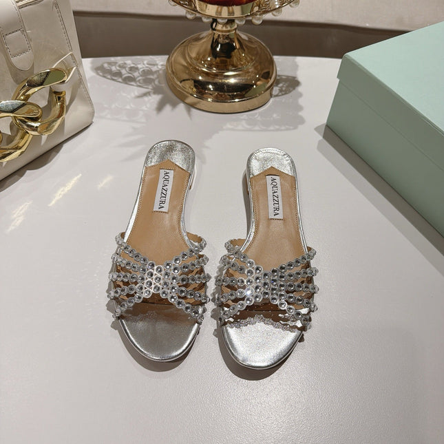 AQUAZZURA 26S SLIDES IN SILVER LAMBSKIN CRYSTAL EMBELLISHED