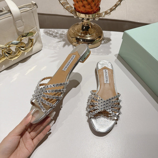 AQUAZZURA 26S SLIDES IN SILVER LAMBSKIN CRYSTAL EMBELLISHED