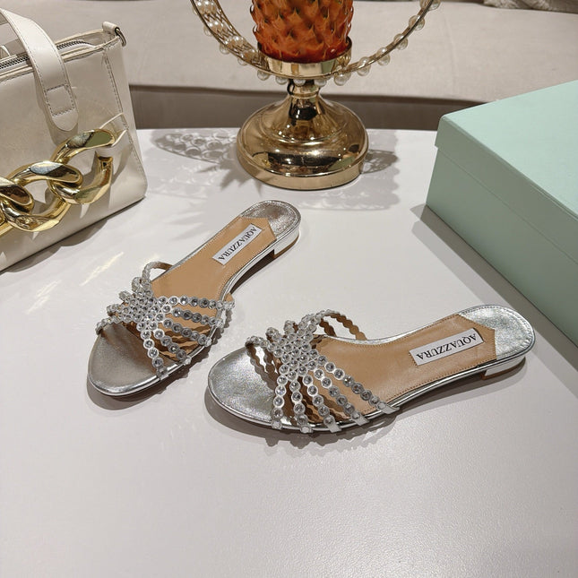 AQUAZZURA 26S SLIDES IN SILVER LAMBSKIN CRYSTAL EMBELLISHED