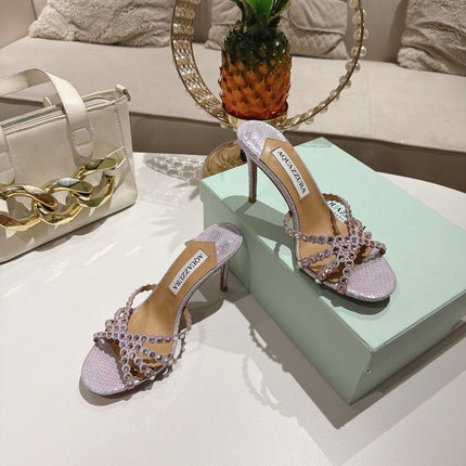 AQUAZZURA 26S HIGH-HEEL SANDALS 85 MM IN PASTEL PURPLE SNAKESKIN