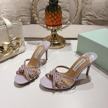 AQUAZZURA 26S HIGH-HEEL SANDALS 85 MM IN PASTEL PURPLE SNAKESKIN