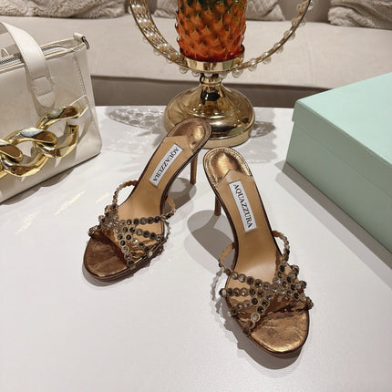 AQUAZZURA 26S HIGH-HEEL SANDALS 85 MM IN METALLIC BRONZE CALFSKIN