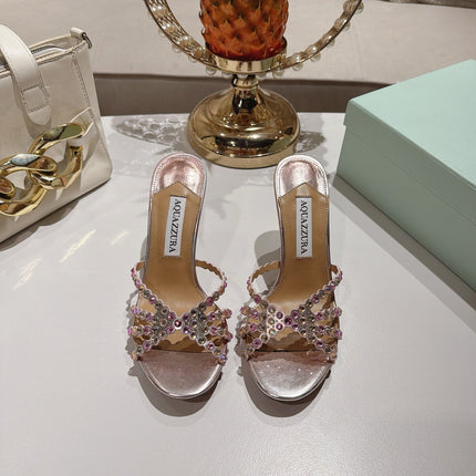 AQUAZZURA 26S HIGH-HEEL SANDALS 85 MM IN METALLIC PINK CALFSKIN