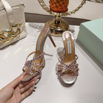 AQUAZZURA 26S HIGH-HEEL SANDALS 85 MM IN METALLIC PINK CALFSKIN