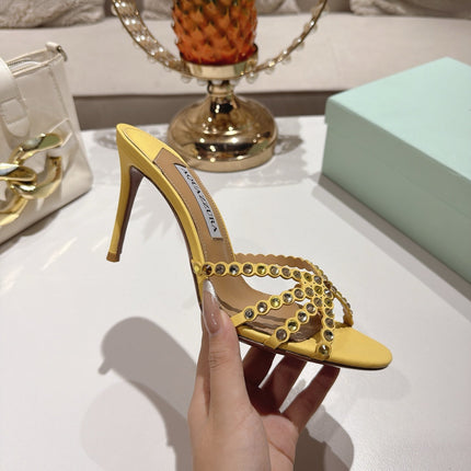 AQUAZZURA 26S HIGH-HEEL SANDALS 85 MM IN PASTEL YELLOW CALFSKIN