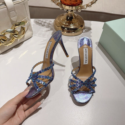 AQUAZZURA 26S HIGH-HEEL SANDALS 85 MM IN METALLIC PURPLE CALFSKIN