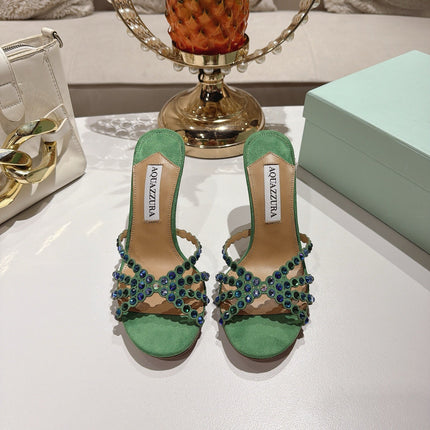 AQUAZZURA 26S HIGH-HEEL SANDALS 85 MM IN GREEN SUEDE