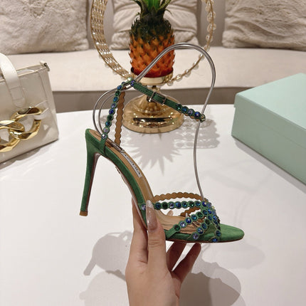 AQUAZZURA 26S HEELED SANDALS 100 MM IN DARK GREEN SUEDE RHINESTONE EMBELLISHED