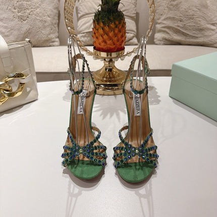 AQUAZZURA 26S HEELED SANDALS 100 MM IN DARK GREEN SUEDE RHINESTONE EMBELLISHED