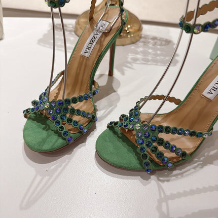 AQUAZZURA 26S HEELED SANDALS 100 MM IN DARK GREEN SUEDE RHINESTONE EMBELLISHED