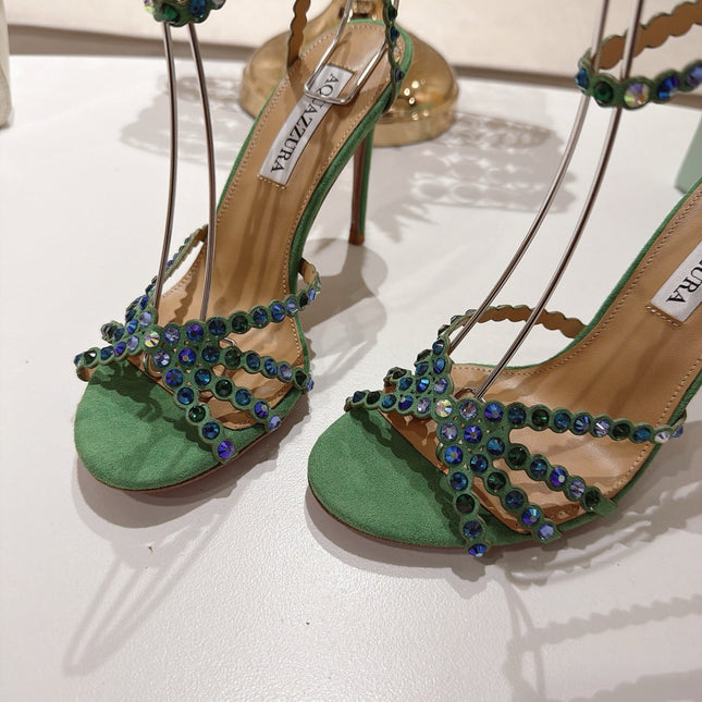AQUAZZURA 26S HEELED SANDALS 100 MM IN DARK GREEN SUEDE RHINESTONE EMBELLISHED