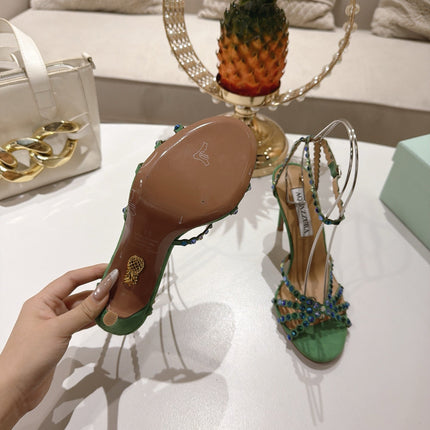 AQUAZZURA 26S HEELED SANDALS 100 MM IN DARK GREEN SUEDE RHINESTONE EMBELLISHED