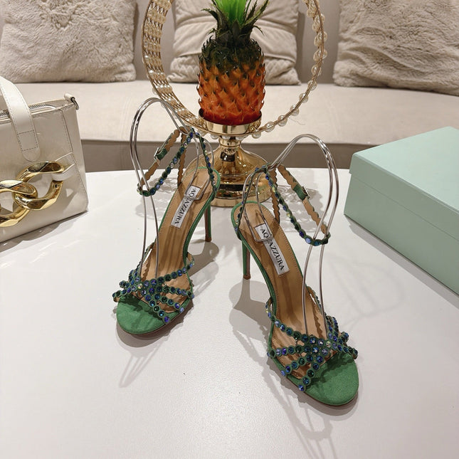 AQUAZZURA 26S HEELED SANDALS 100 MM IN DARK GREEN SUEDE RHINESTONE EMBELLISHED