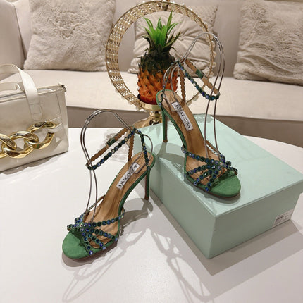 AQUAZZURA 26S HEELED SANDALS 100 MM IN DARK GREEN SUEDE RHINESTONE EMBELLISHED