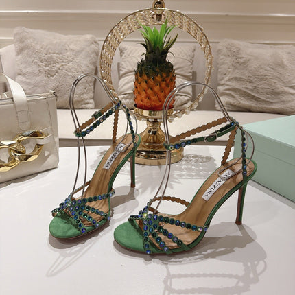 AQUAZZURA 26S HEELED SANDALS 100 MM IN DARK GREEN SUEDE RHINESTONE EMBELLISHED