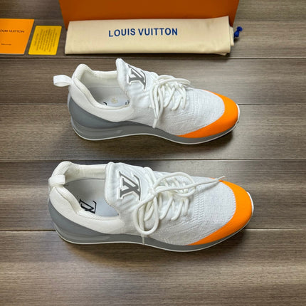 SNEAKERS IN WHITE MESH BREATHABLE FABRIC AND BLUE MIX ORANGE CALFSKIN