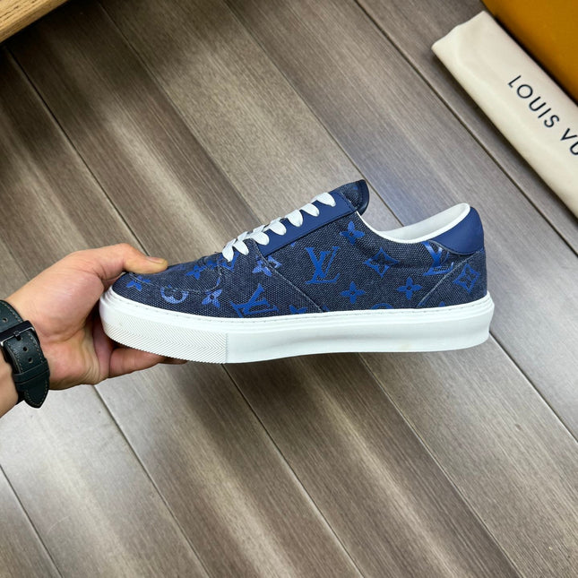 LV TRAINER SNEAKER IN BLACK AND BLUE MONOGRAM DENIM