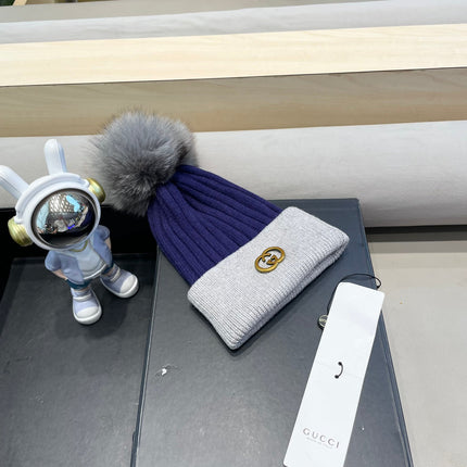 BEANIE HAT IN NAVY BLUE MIX LIGHT GRAY WOOL AND FOX FUR 422501