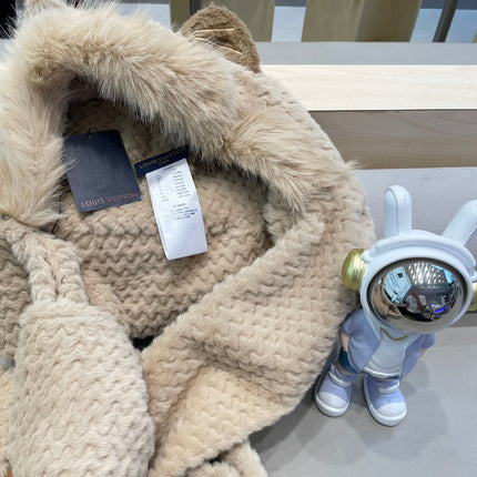 BEANIE HAT IN COSMIC LATTE BEIGE  WOOL AND LAMB FUR 435073