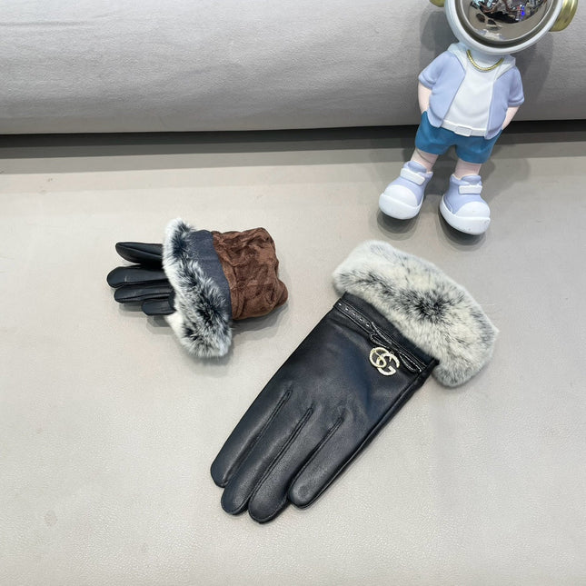 FUR-TRIMMED LAMBSKIN GLOVES BLACK WITH BOW 456265