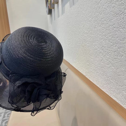 STRAW HAT WITH CHIFFON FLOWER BLACK 672760