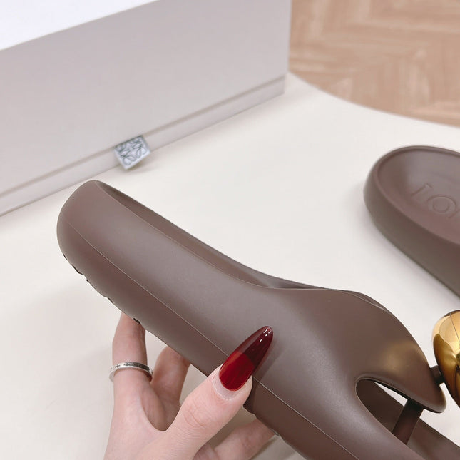 LOEWE 26S PEBBLE TOE-POST SLIDES IN DARK BROWN EVA GOLD HARDWARE