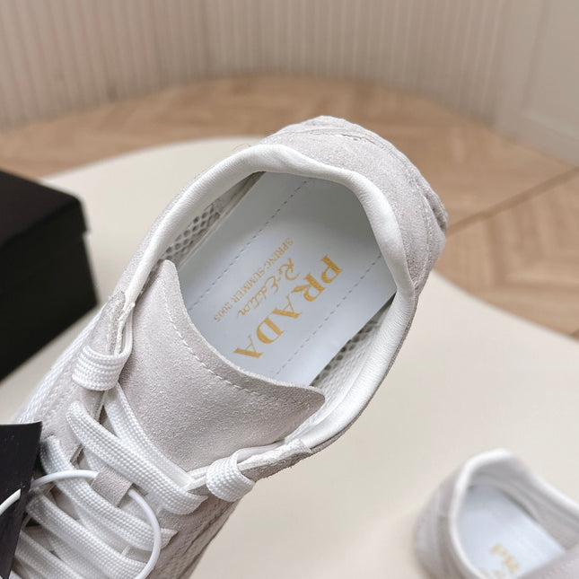 PRADA 26S CLASSIC SNEAKERS IN LIGHT GREY SUEDE AND MESH