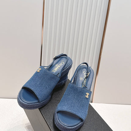 CHANEL 26S WEDGE SANDALS IN BLUE DENIM 29526