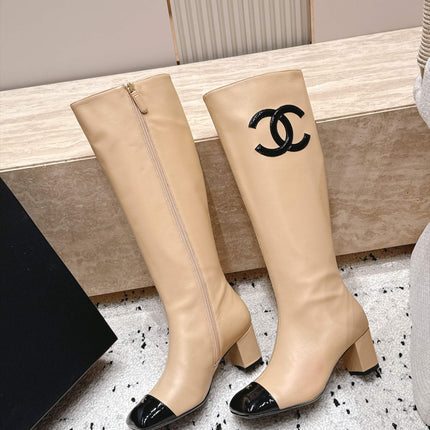 CHANEL 26S KNEE HIGH BOOTS 70 MM IN BEIGE CALFSKIN AND BLACK PATENT