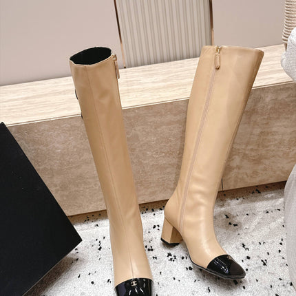CHANEL 26S KNEE HIGH BOOTS 70 MM IN BEIGE CALFSKIN AND BLACK PATENT