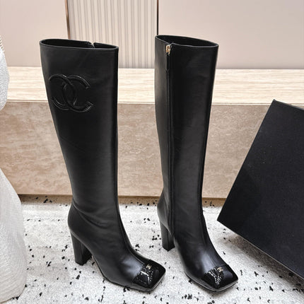 CHANEL 26S KNEE HIGH BOOTS 90 MM IN BLACK CALFSKN AND PATENT