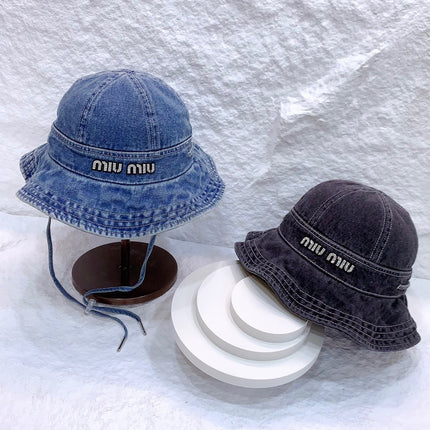 MIUMIU NEW DENIM BUCKET HAT RHINESTONE LOGO