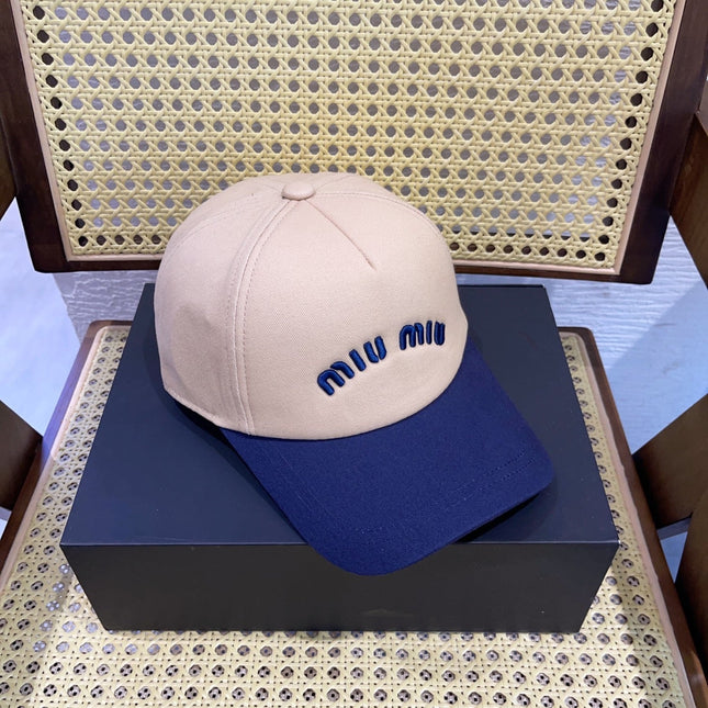MIUMIU BASEBALL CAP IN LIGHT BEIGE AND NAVY BLUE FABRIC WITH LOGO EMBROIDERY