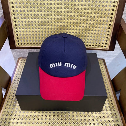 MIUMIU BASEBALL CAP IN NAVY BLUE AND RED FABRIC WITH LOGO EMBROIDERY