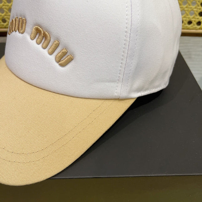 MIUMIU BASEBALL CAP IN WHITE MIX BEIGE FABRIC WITH LOGO EMBROIDERY