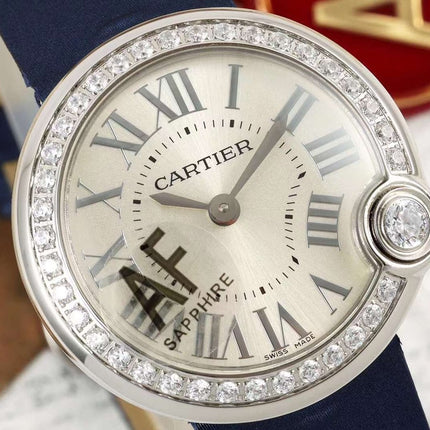 BALLON BLANC DE CARTIER WATCH GOLD CASE AND NAVY BLUE CALFSKIN WITH CRYSTALS