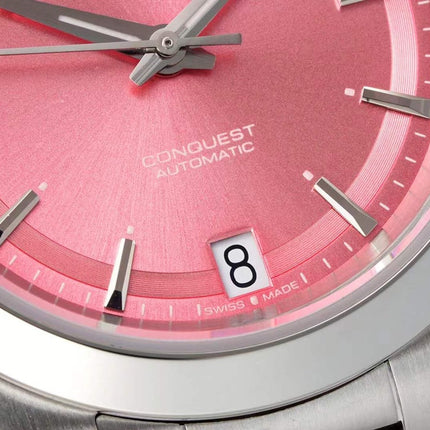 CONQUEST WATCH SILVER CASE WITH BABY PINK DIAL