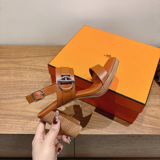 HM 26S GIGI 85 SANDAL IN CARAMEL BROWN CALFSKIN SILVER HARDWARE
