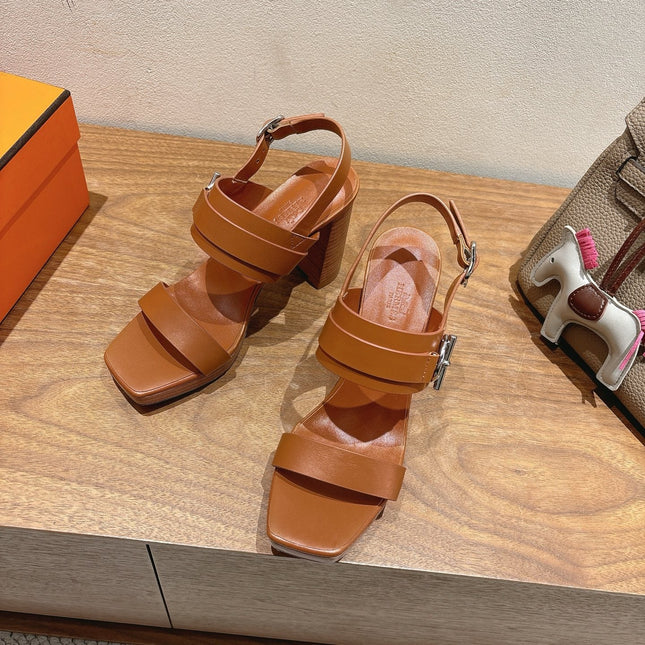 HM 26S GIGI 85 SANDAL IN CARAMEL BROWN CALFSKIN SILVER HARDWARE