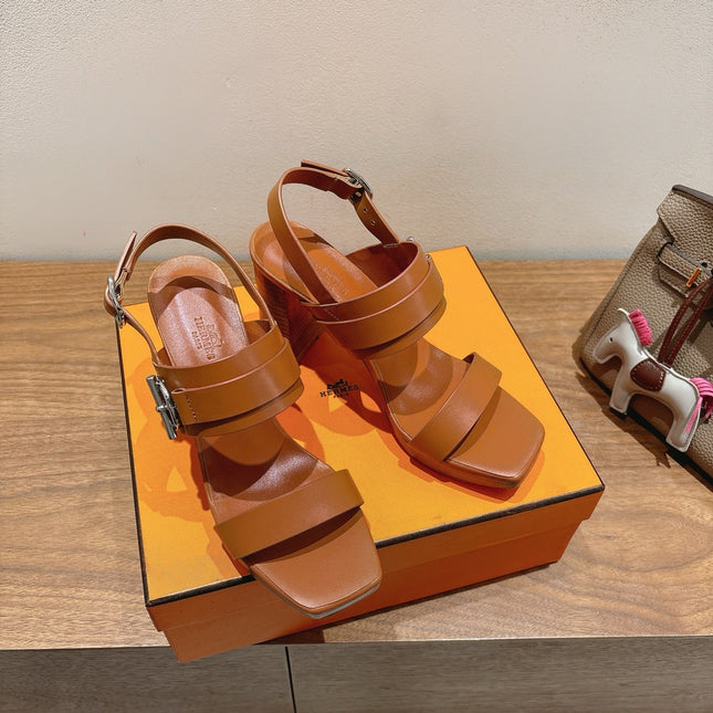 HM 26S GIGI 85 SANDAL IN CARAMEL BROWN CALFSKIN SILVER HARDWARE