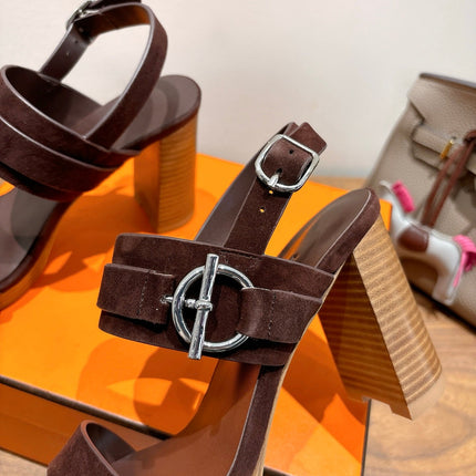 HM 26S GIGI 85 SANDAL IN DARK BROWN SUEDE SILVER HARDWARE