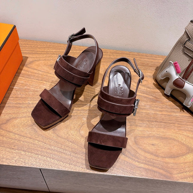 HM 26S GIGI 85 SANDAL IN DARK BROWN SUEDE SILVER HARDWARE
