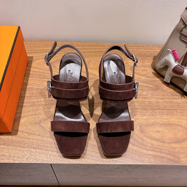 HM 26S GIGI 85 SANDAL IN DARK BROWN SUEDE SILVER HARDWARE