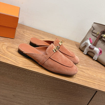 HM 26S KELLY MULE IN PEACH BROWN SUEDE GOLD HARDWARE