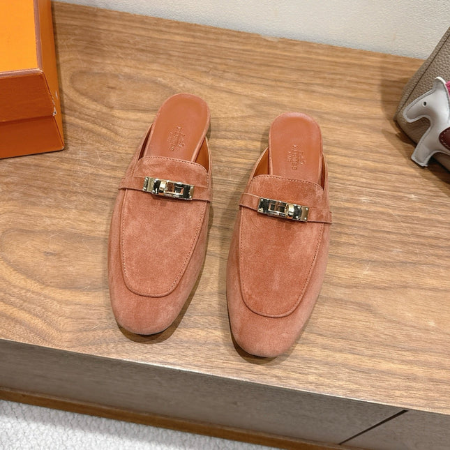 HM 26S KELLY MULE IN PEACH BROWN SUEDE GOLD HARDWARE