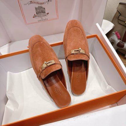 HM 26S KELLY MULE IN PEACH BROWN SUEDE GOLD HARDWARE